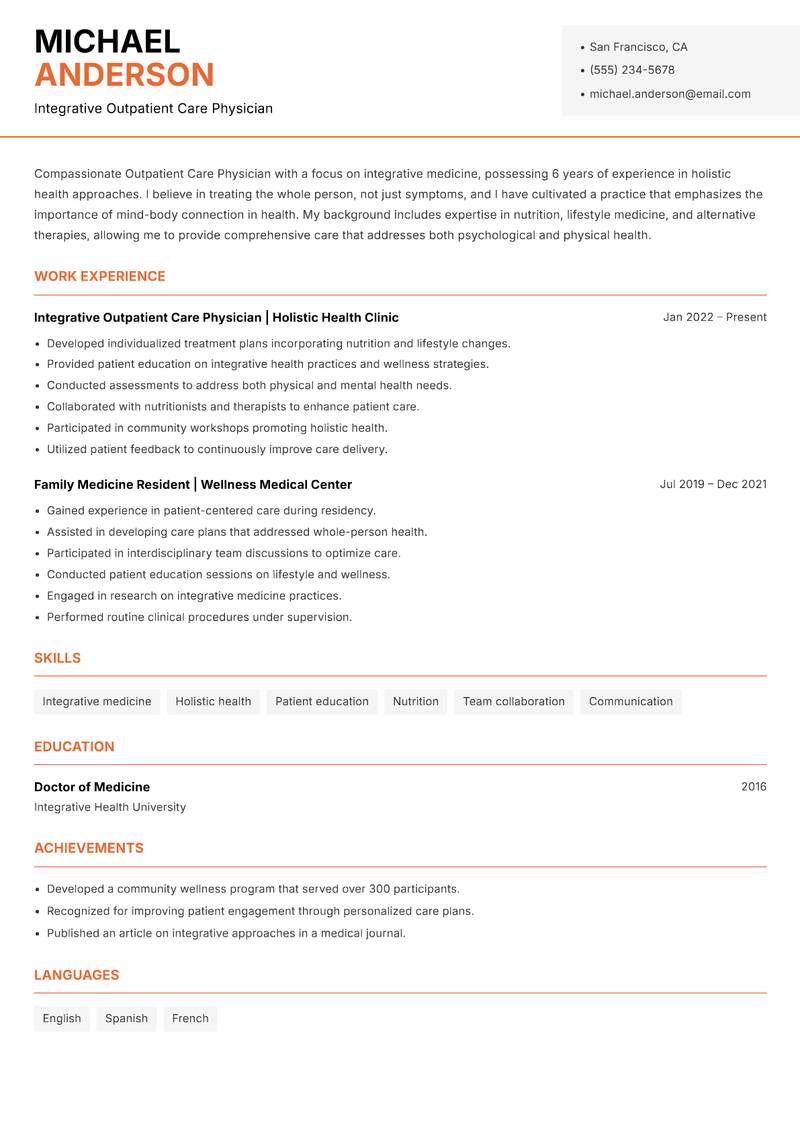 Outpatient Care Physician Resume Template