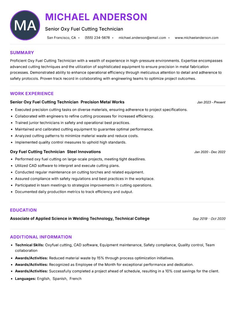Oxy Fuel Cutting Technician Resume Preview Example