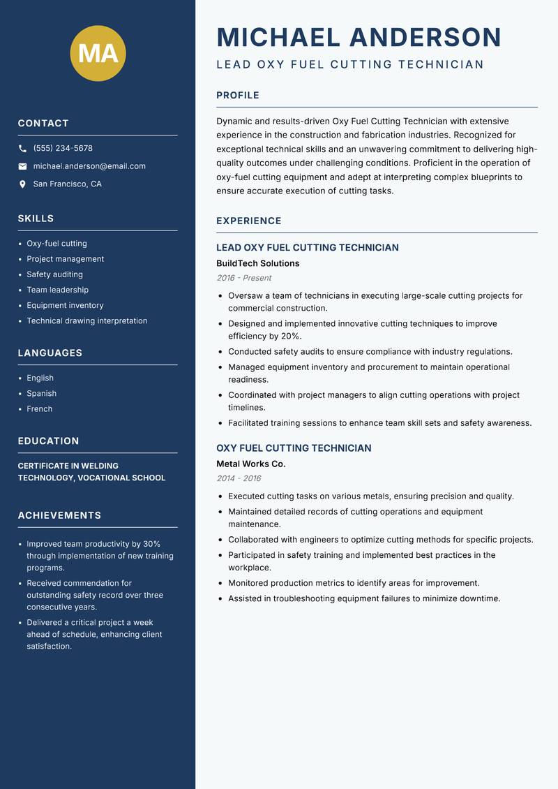 Oxy Fuel Cutting Technician Resume Preview Example