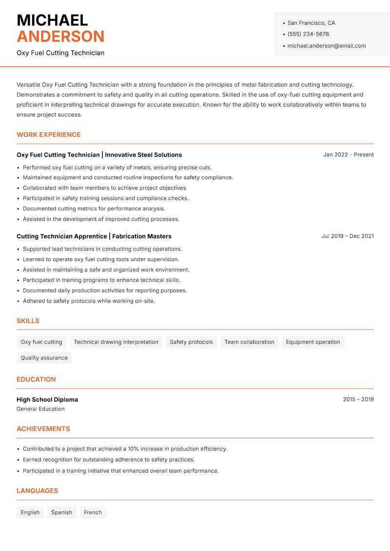 Oxy Fuel Cutting Technician Resume Template