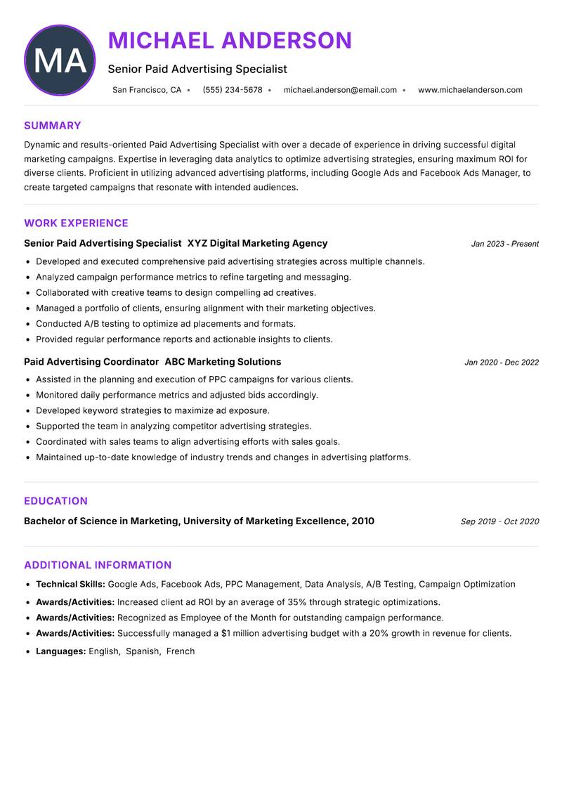 Paid Advertising Specialist Resume Preview Example