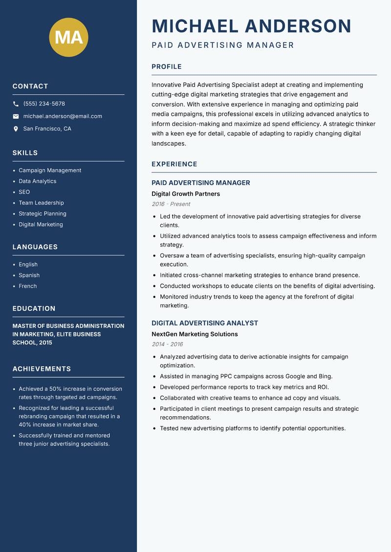 Paid Advertising Specialist Resume Preview Example