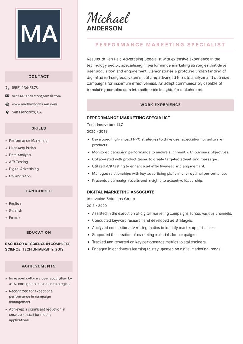Paid Advertising Specialist Resume Preview Example
