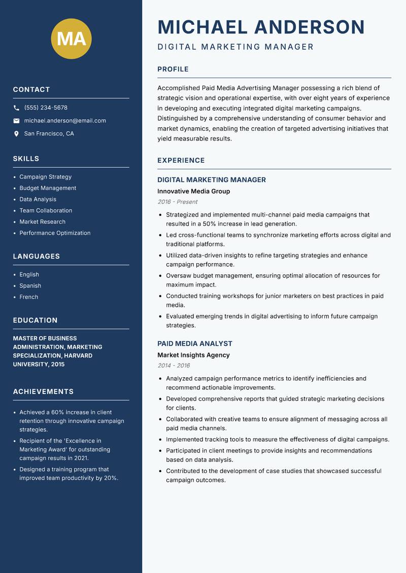 Paid Media Advertising Manager Resume Preview Example