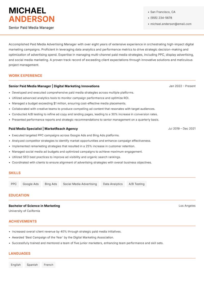 Paid Media Advertising Manager Resume Template