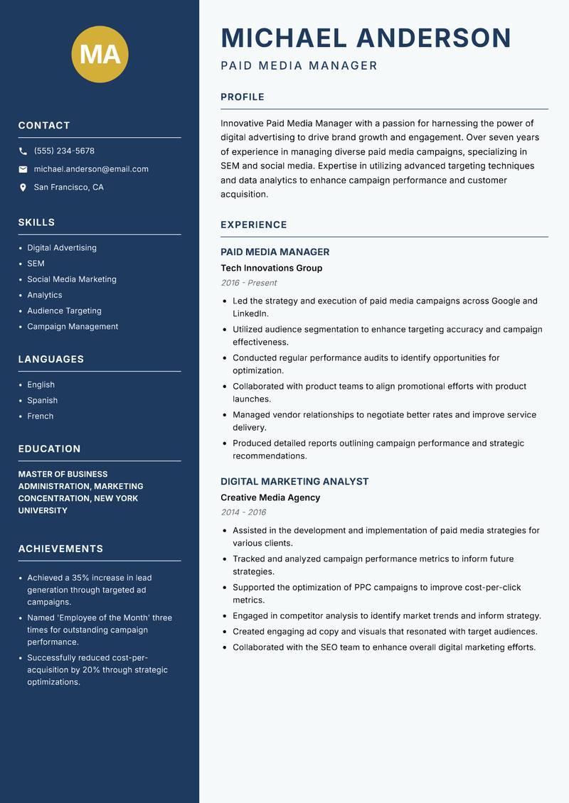 Paid Media Manager Resume Preview Example