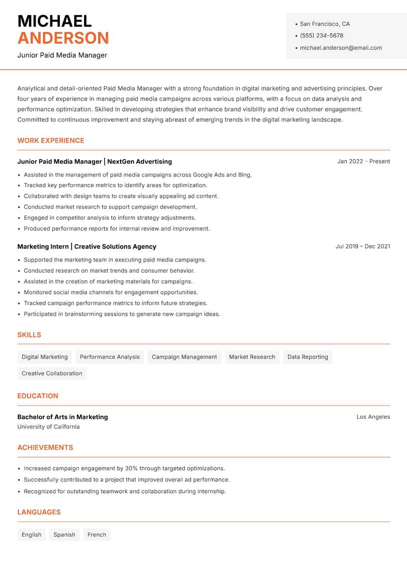Paid Media Manager Resume Template