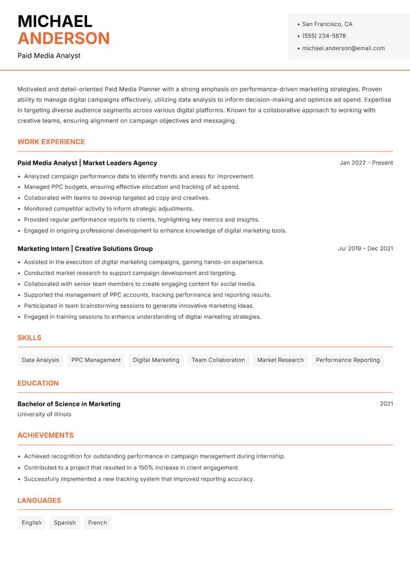 Paid Media Planner Resume Template
