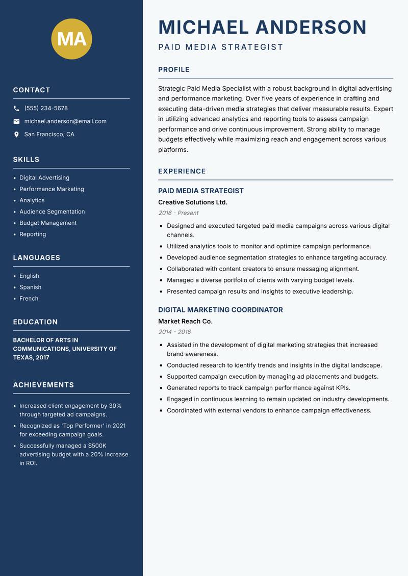 Paid Media Specialist Resume Preview Example