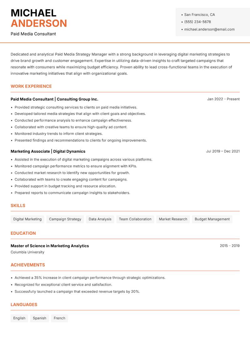 Paid Media Strategy Manager Resume Template