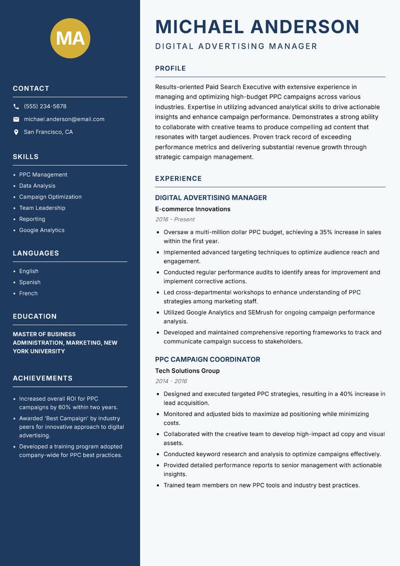 Paid Search Executive Resume Preview Example