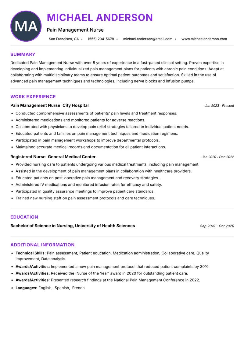 Pain Management Nurse Resume Preview Example