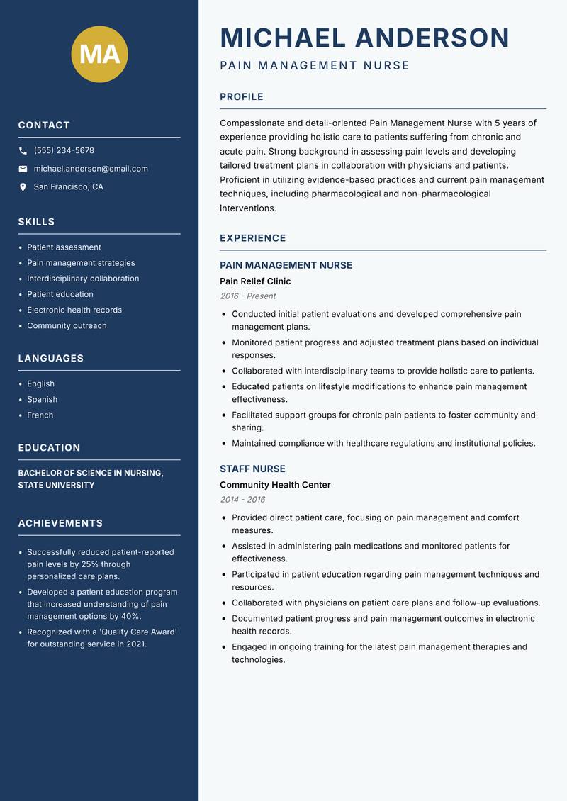 Pain Management Nurse Resume Preview Example