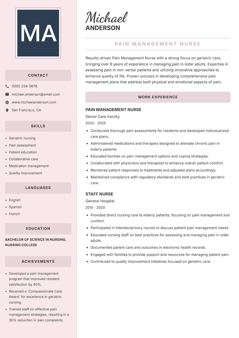 Pain Management Nurse Resume Preview Example