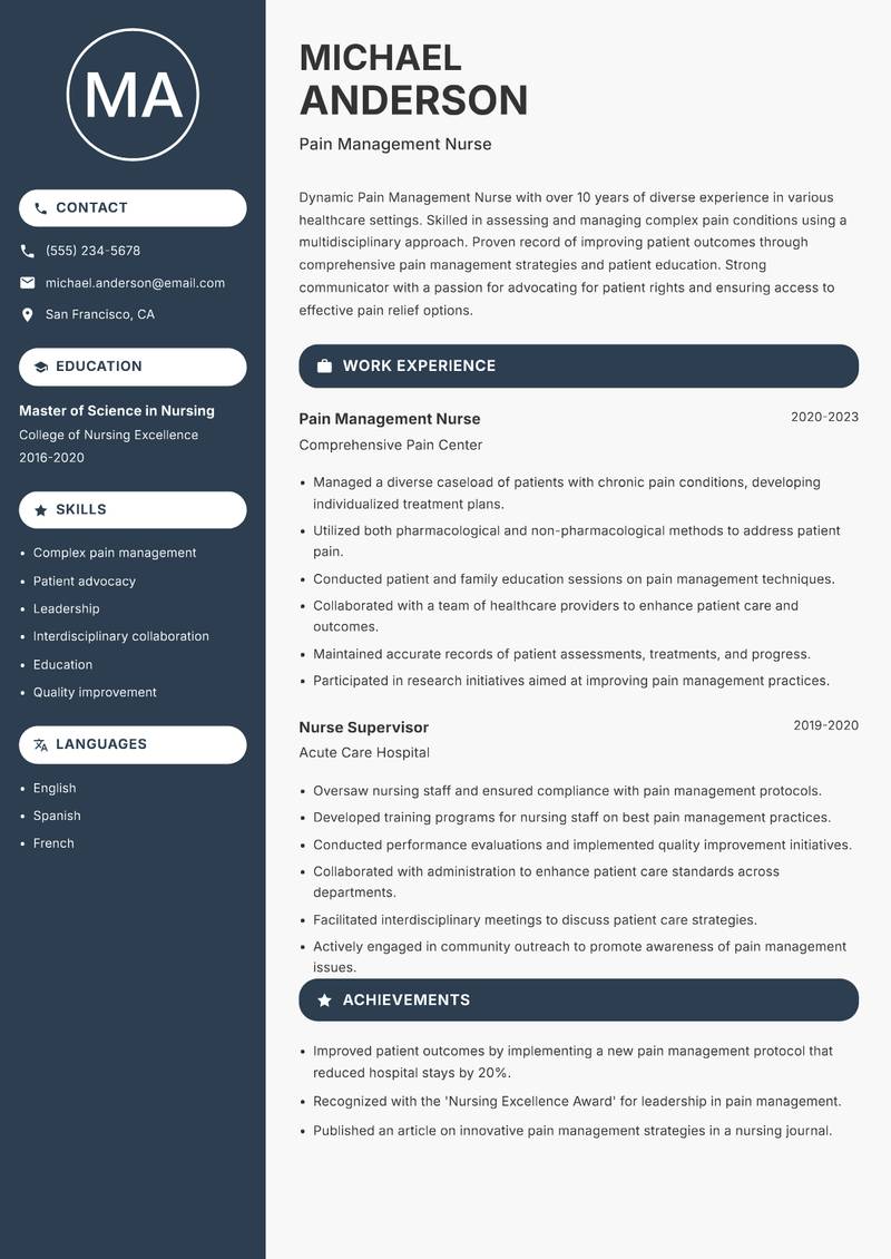 Pain Management Nurse Resume Preview Example