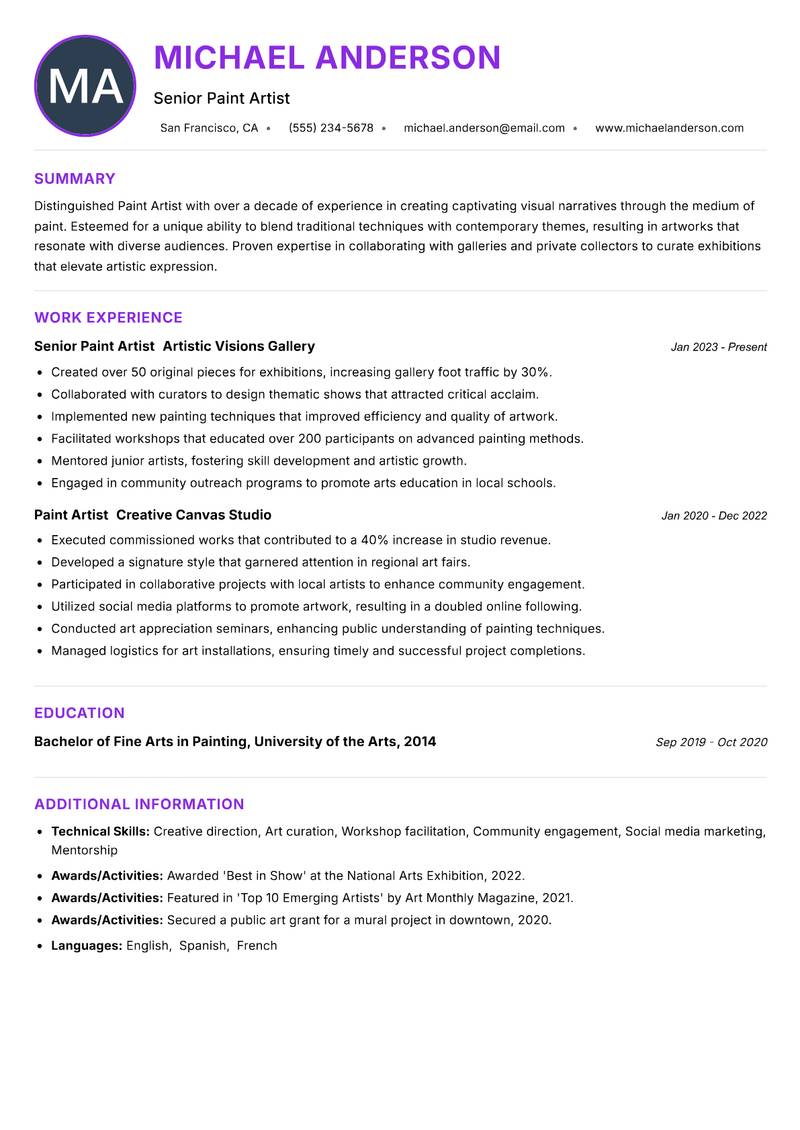Paint Artist Resume Preview Example
