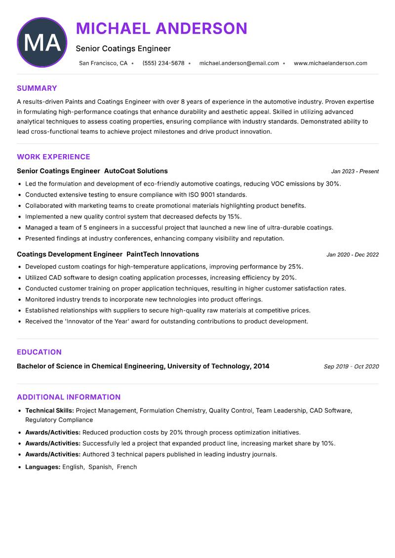 Paints and Coatings Engineer Resume Preview Example