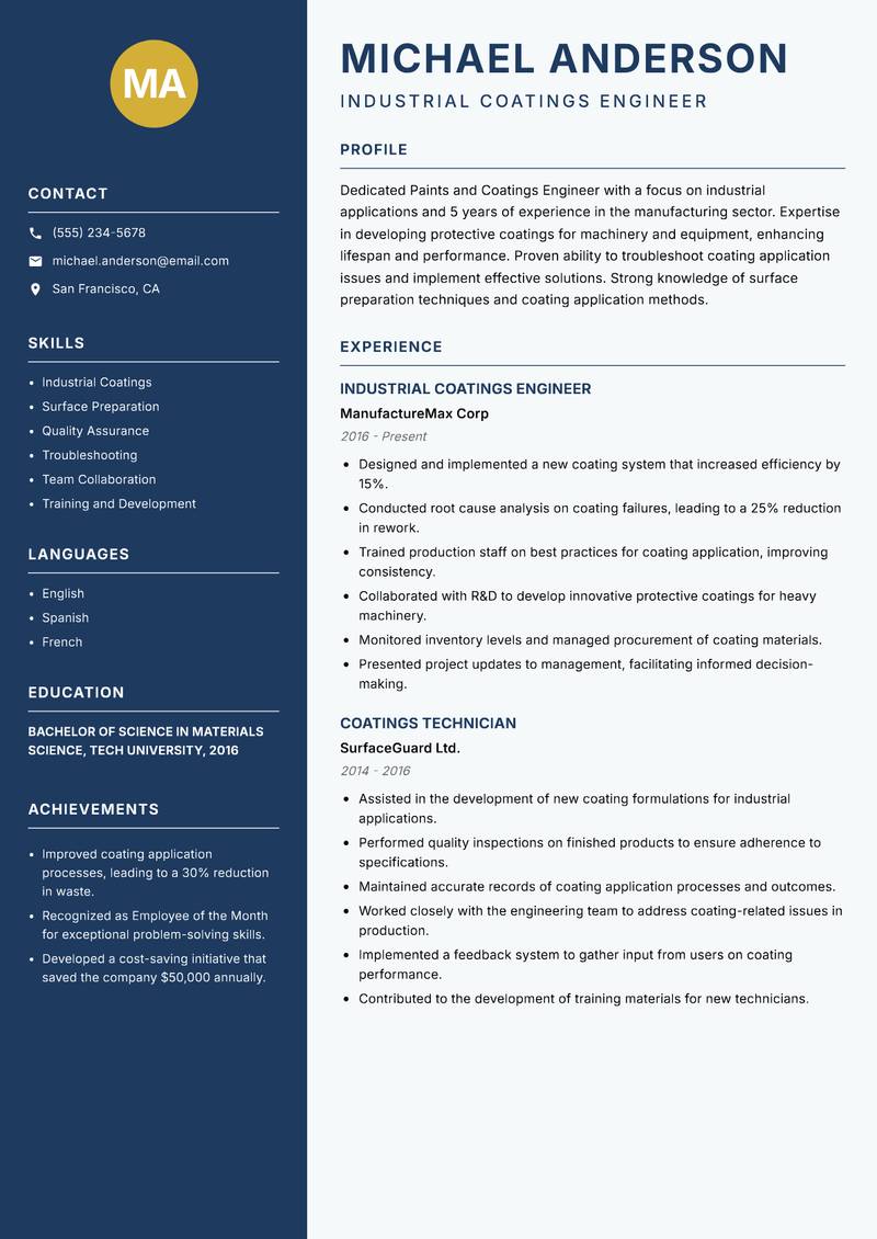 Paints and Coatings Engineer Resume Preview Example