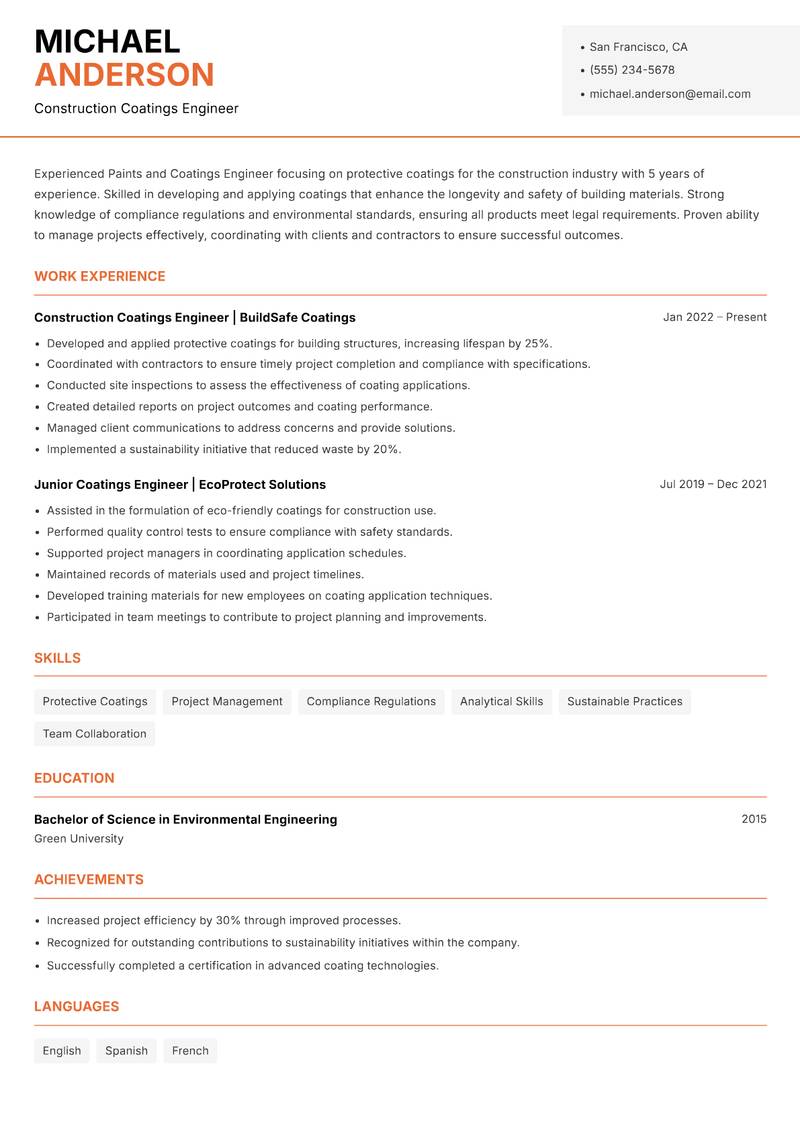 Paints and Coatings Engineer Resume Template