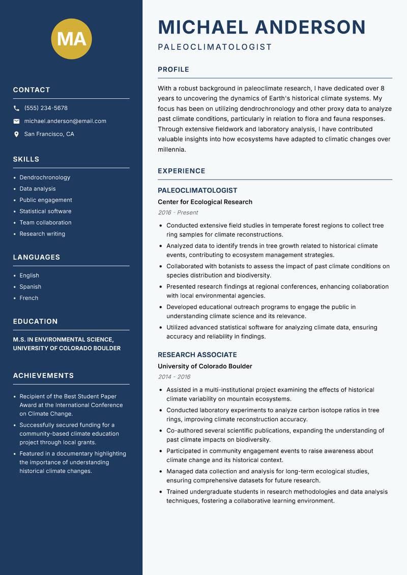 Paleoclimatologist Resume Preview Example