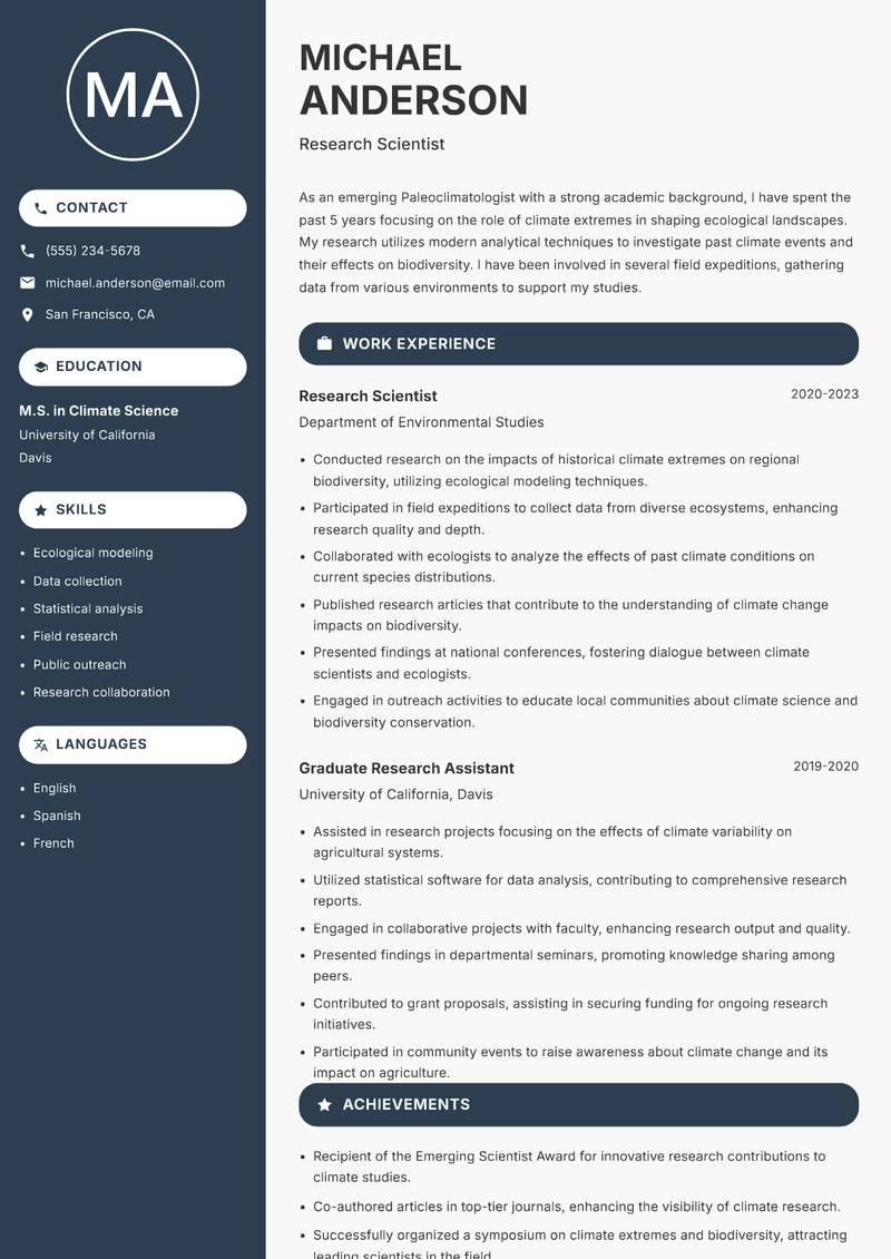 Paleoclimatologist Resume Preview Example