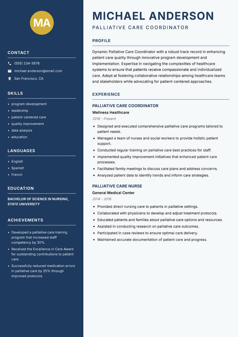 Palliative Care Coordinator Resume Preview Example
