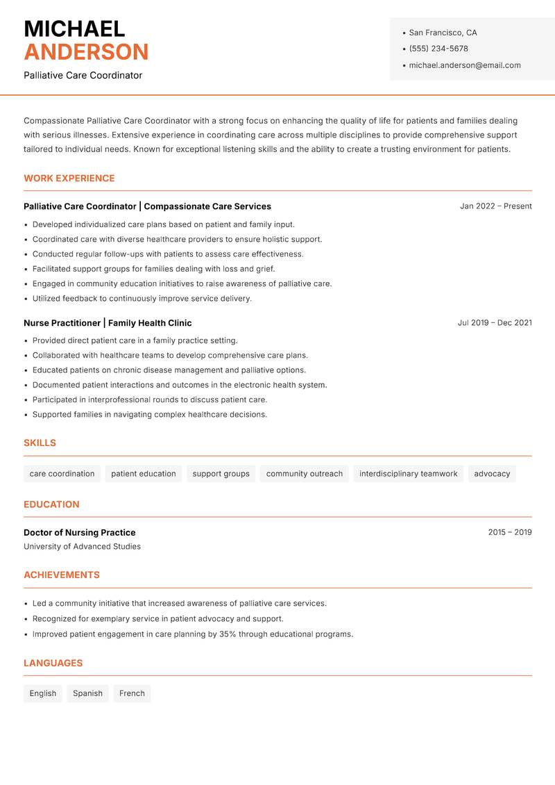Palliative Care Coordinator Resume Template