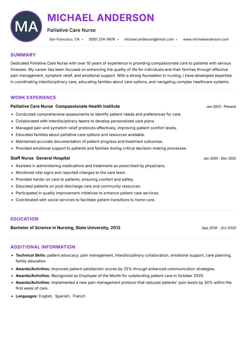 Palliative Care Nurse Resume Preview Example