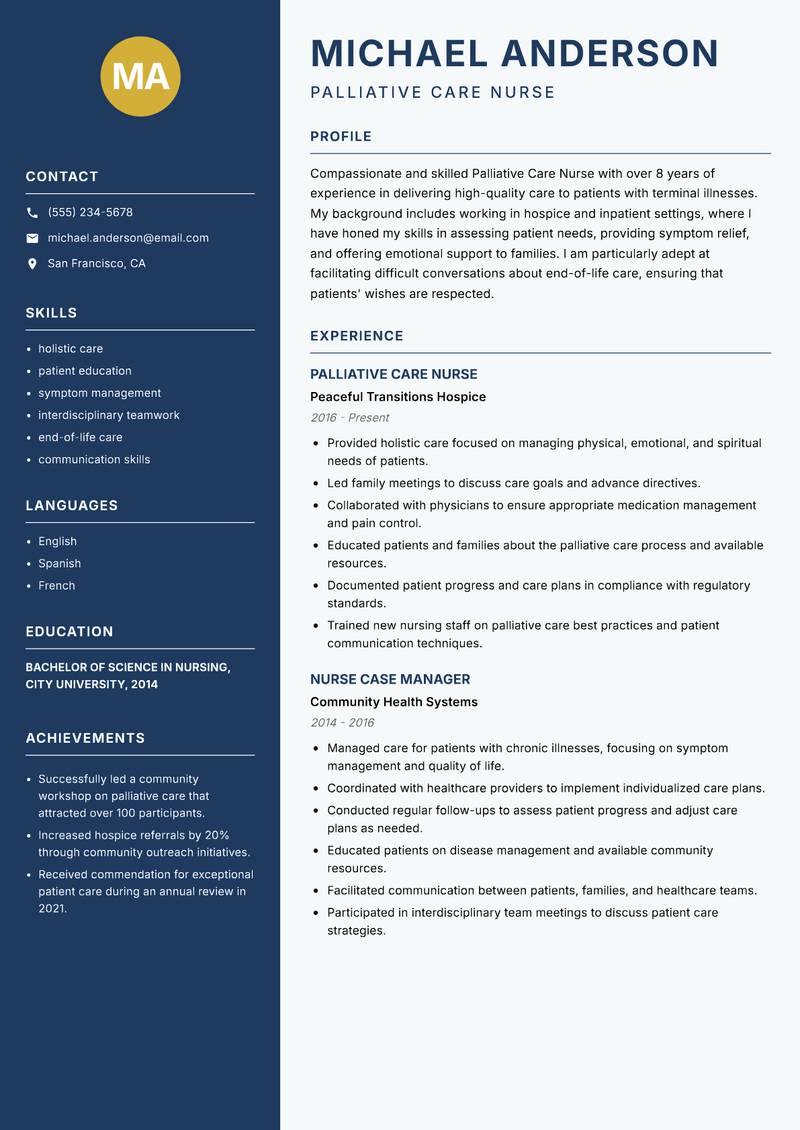 Palliative Care Nurse Resume Preview Example