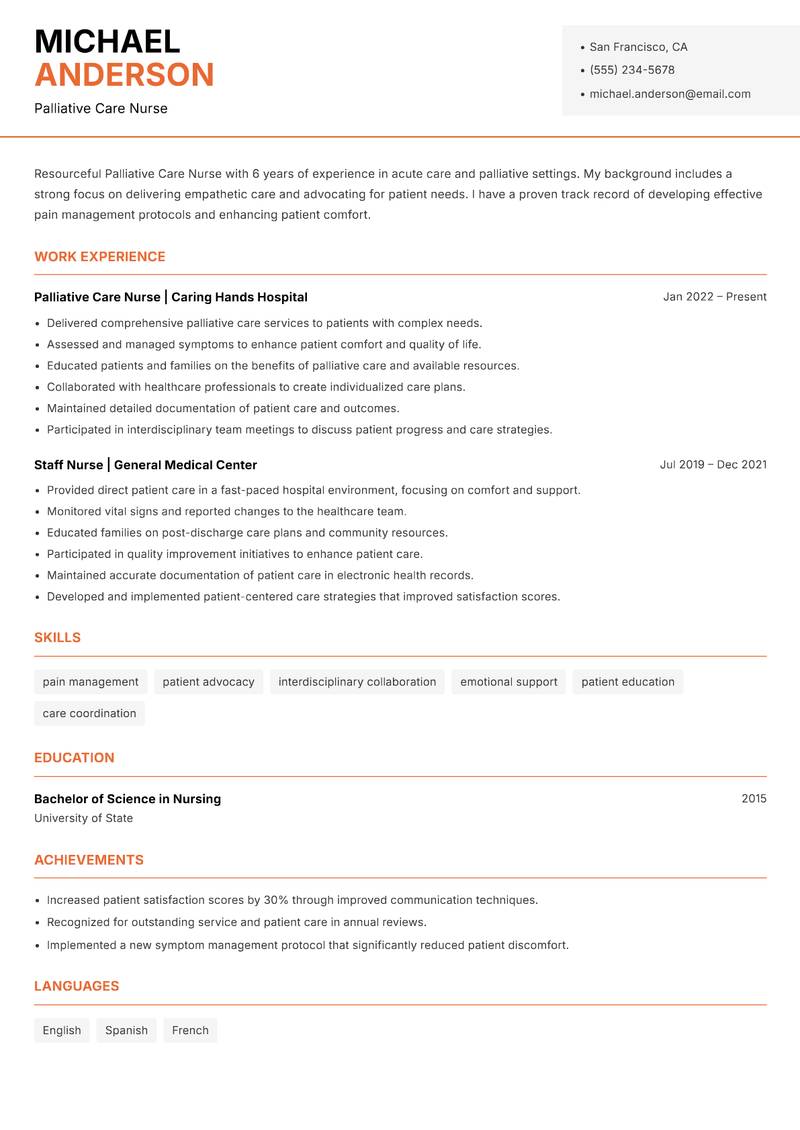 Palliative Care Nurse Resume Template