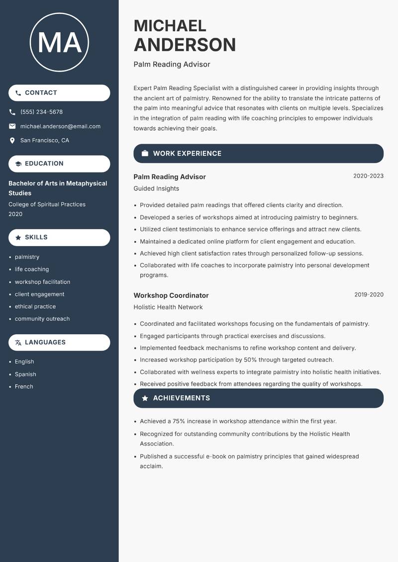 Palm Reading Specialist Resume Preview Example