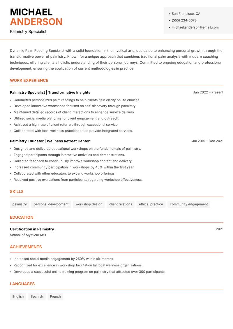 Palm Reading Specialist Resume Template