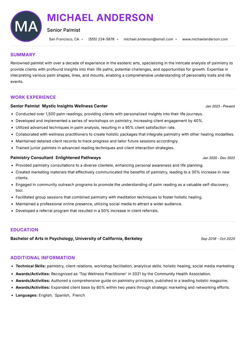 Palmist Resume Preview Example