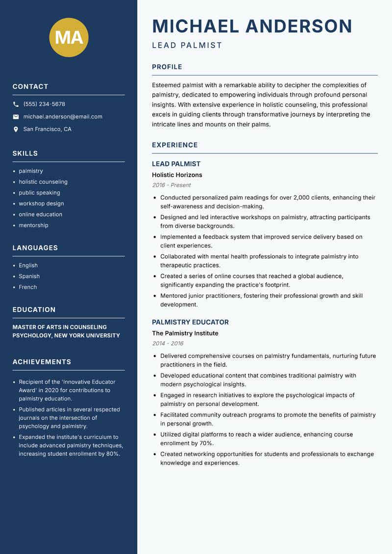 Palmist Resume Preview Example