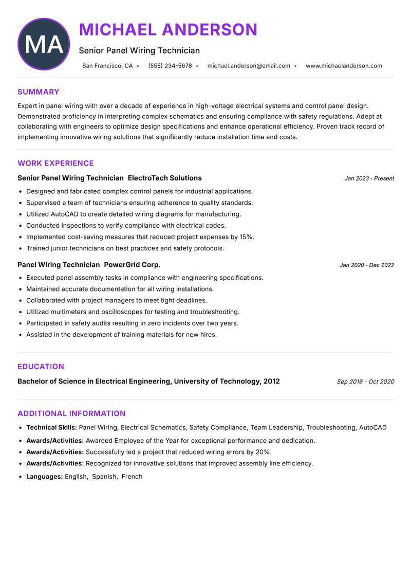 Panel Wiring Technician Resume Preview Example