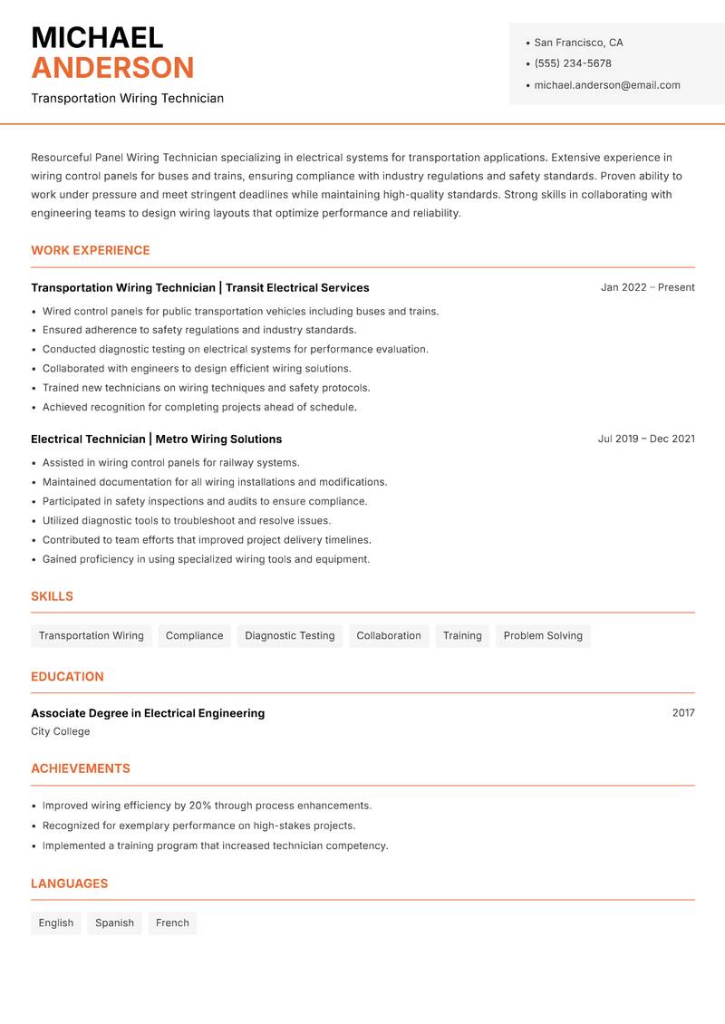 Panel Wiring Technician Resume Template