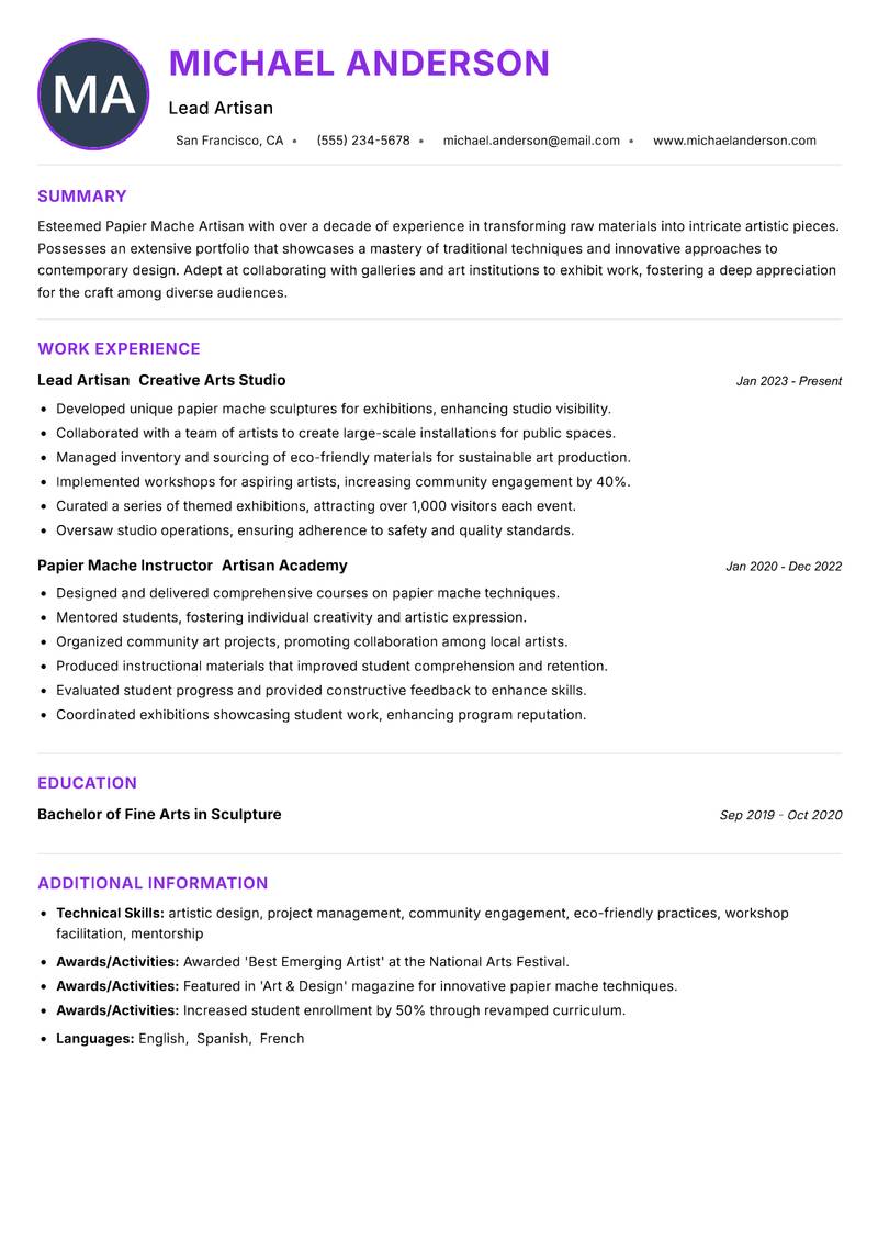 Papier Mache Artisan Resume Preview Example