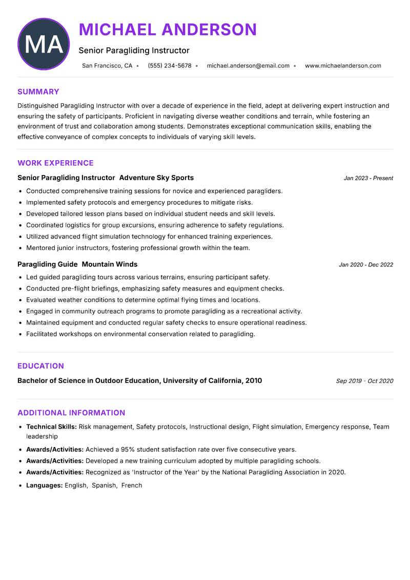 Paragliding Instructor Resume Preview Example