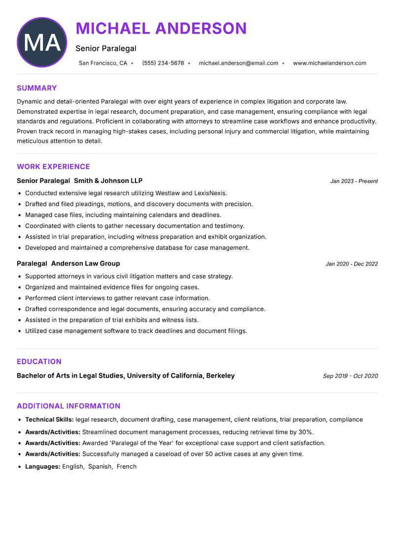 Paralegal Resume Preview Example