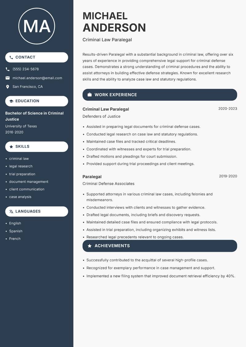 Paralegal Resume Preview Example