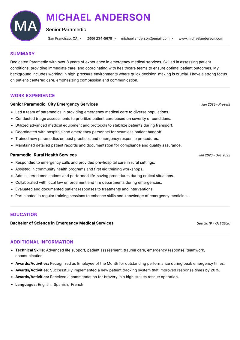 Paramedic Resume Preview Example