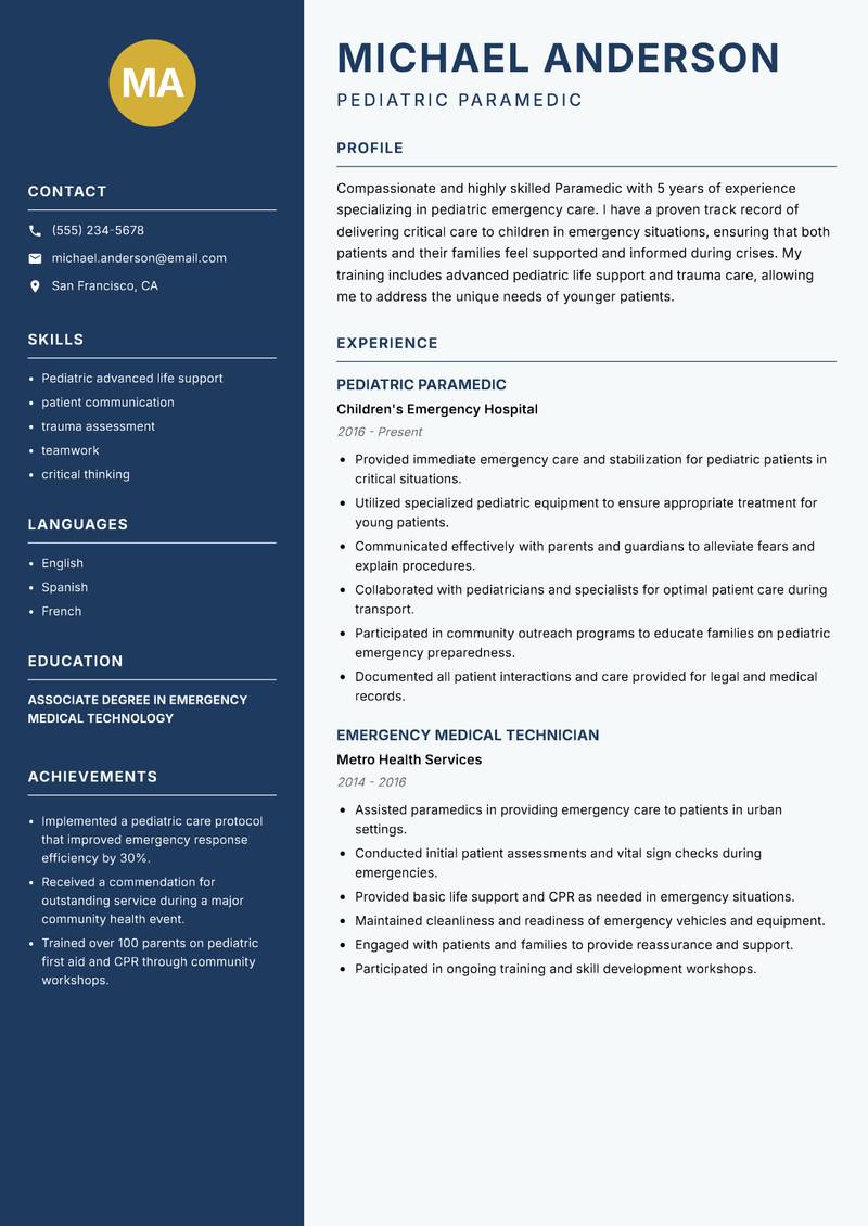 Paramedic Resume Preview Example