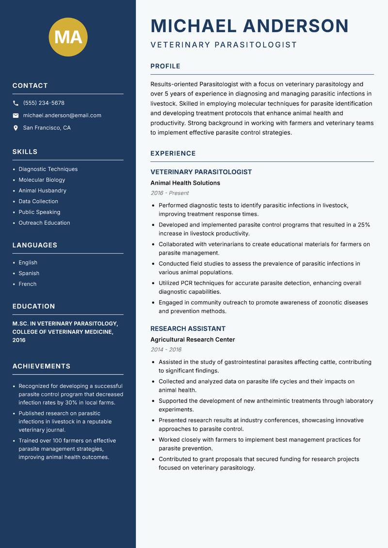 Parasitologist Resume Preview Example