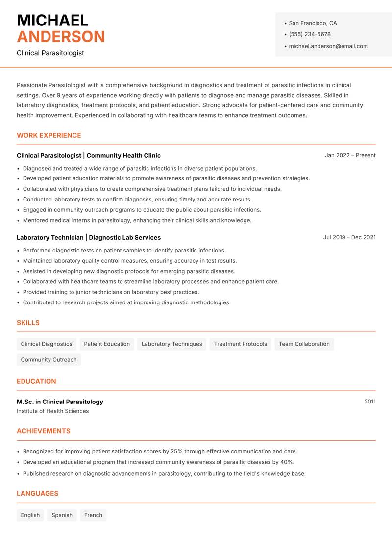 Parasitologist Resume Template