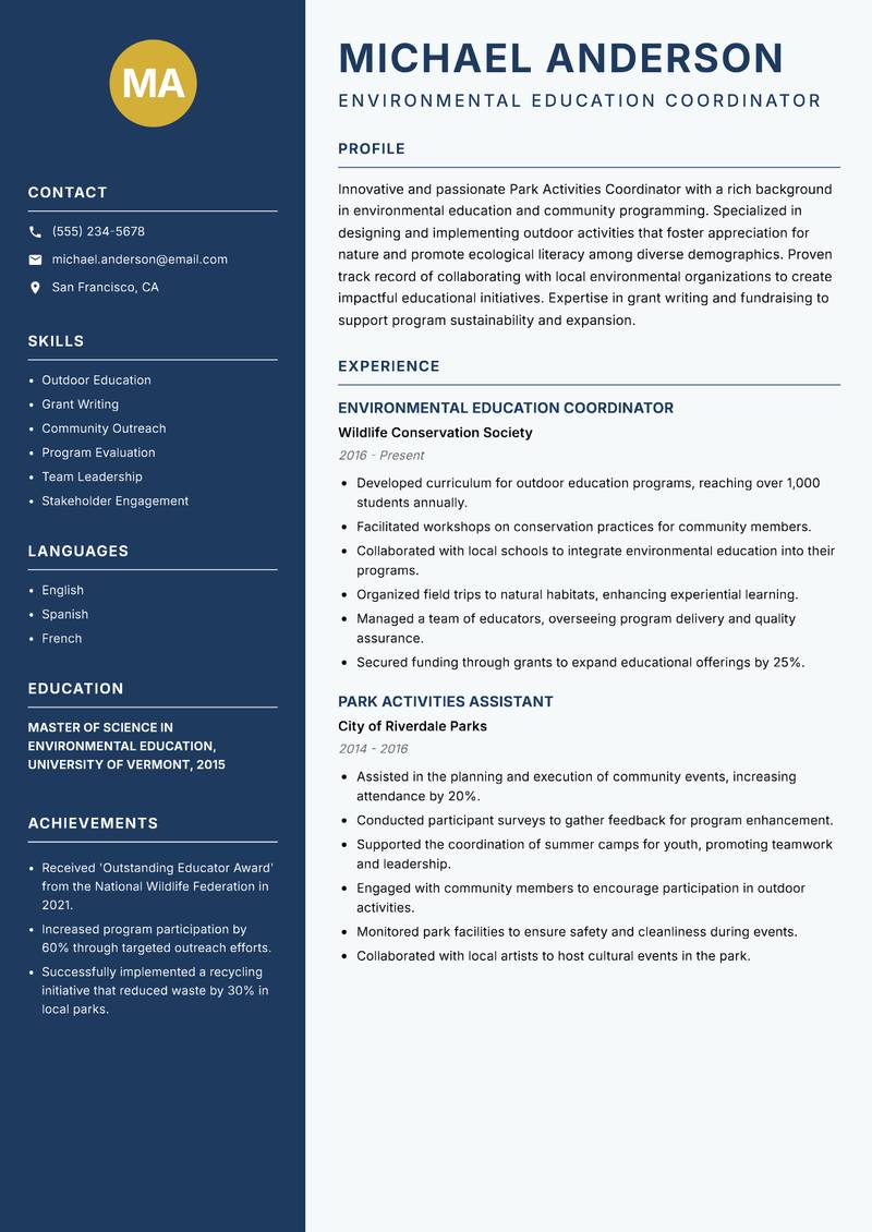 Park Activities Coordinator Resume Preview Example