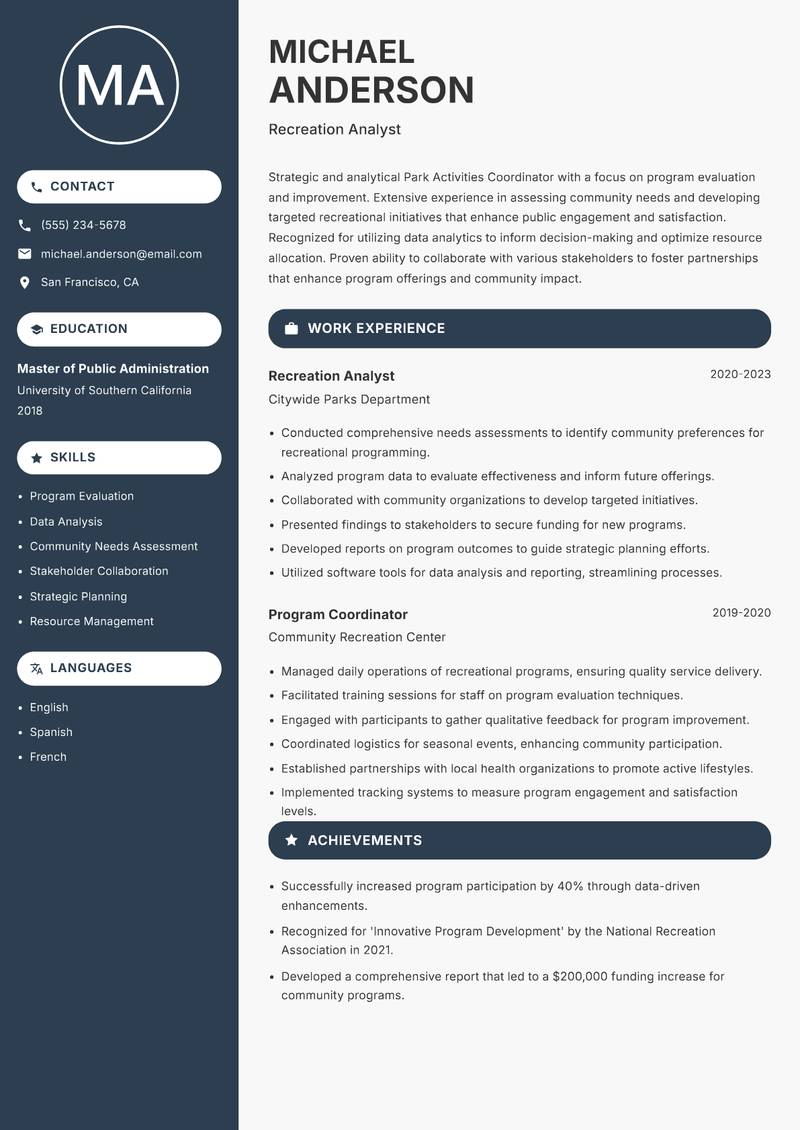 Park Activities Coordinator Resume Preview Example