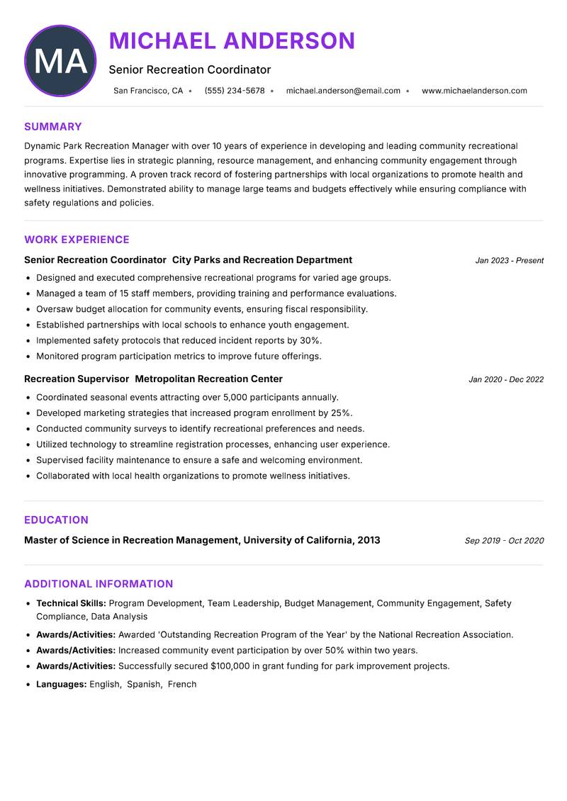 Park Recreation Manager Resume Preview Example