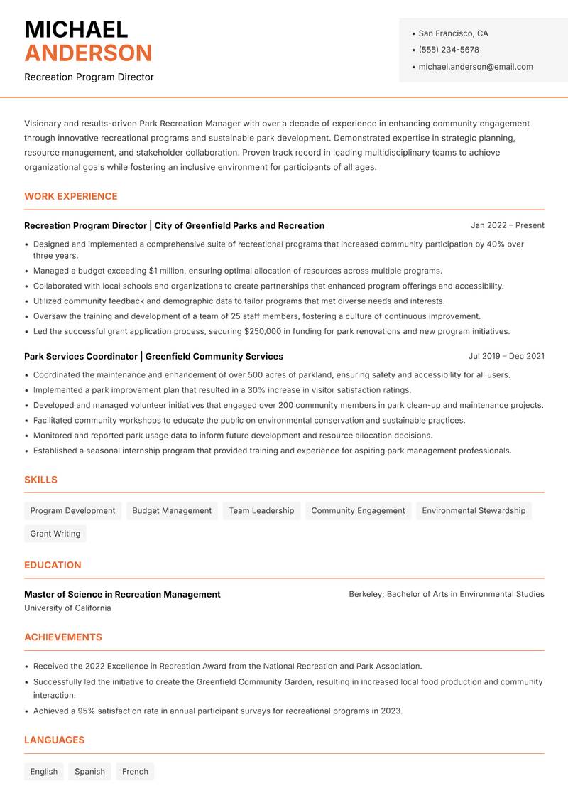 Park Recreation Manager Resume Template