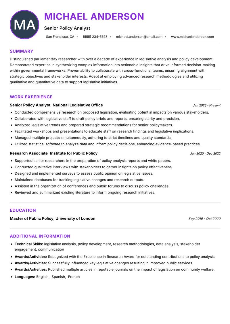 Parliamentary Researcher Resume Preview Example