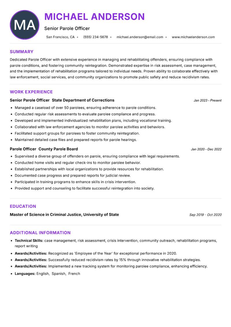Parole Officer Resume Preview Example